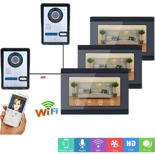 7 inch 3 Monitors Wired /Wireless Wifi Video Door Phone Doorbell Intercom System with 2 X IR-CUT HD 1000TVL Wired Camera