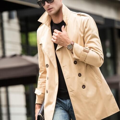 High Quality British Slim double breasted mens long trench coat Europe trenchcoat jacket male coat