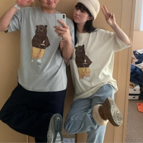 2021 New Women Summer Vintage Cotton Tshirt Bear Print Loose T-shirt Round Collar Pullover Tops