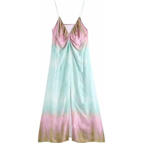 Women Tie Dye Printing Drawstring Suspender Midi Dress Female V Neck Sleeveless Clothes Casual Lady Loose Vestido D7392