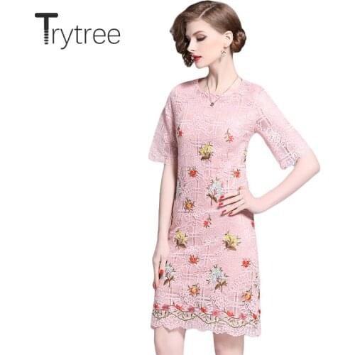 Trytree 2020 Summer Casual Embroidery Floral Dress Polyester Lace Knee-Length O-neck Straight Women Dresses High Street Dress