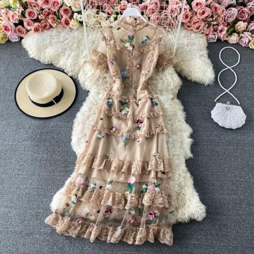 Fashion Runway Summer Flower Dress Women Short Sleeve Gorgeous Mesh Floral Embroidered Cascading Ruffles Elegant Vestido 9988