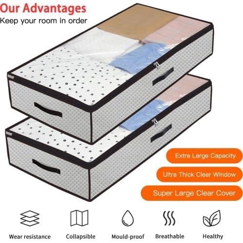 2 Pack Foldable Under Bed Bags Large Under Bed Storage Boxes Thick Breathable Underbed Clothes Storage Bags Zippered Organizer
