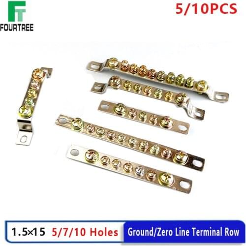 5/10PCS Ground Terminal Block Zero Line Terminal Row 5 7 10 Holes 1.5*15 Distribution Box Cable Lug Splice Copper Bar