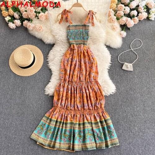 ALPHALMODA 2021 Retro Ethnic Style Printed Suspender Dress Womens Tie Strap Elastic Slim Mid Calf Beach Hoilday Dress