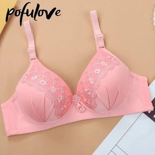 Floral Push Up Bra for Women Pink Plus Size Bras Embroidery Thin Gather Wireless Bralette Seamless Underwear Brassiere Female