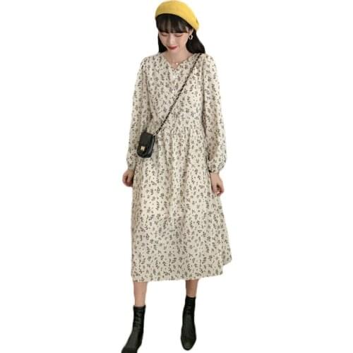 Spring Autumn Floral Dress Womens 2021 New Korean Retro V-neck Loose Thin Dress Long-sleeved French Dress Female 25A
