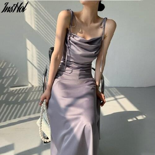 Elegant Chic Slash Neck Sleeveless Women Solid Stain Dress Summer New Spaghetti Strap Lace-up Slim Waist Ladies Vestidos 2021