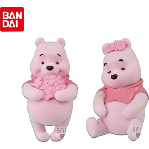 Bandai Genuine Disney Flocking Dolls Fluffy Puffy Cherry blossoms Pooh Bear Anime Action Figures Model Toys Gifts For Children