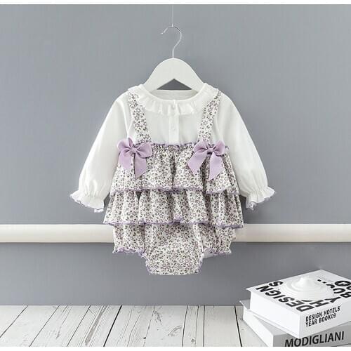 Baby Girl Spring and Autumn New Long-Sleeved Triangle Romper Cotton Floral Bow Fake Two-Piece Romper 0-2 Year Old