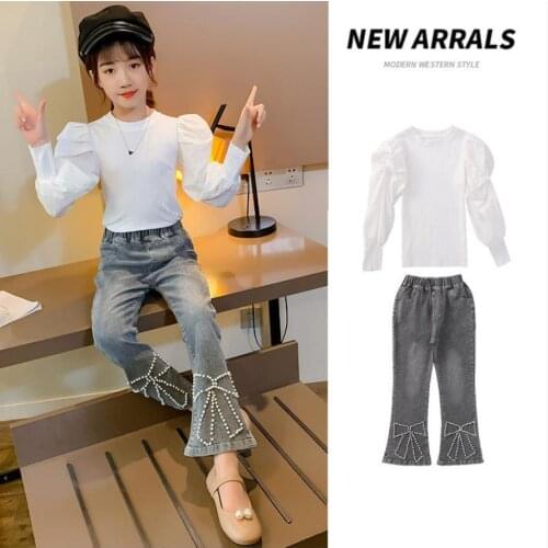 Children puff sleeve tops + pearl boot cut pant 2pcs sets baby girl fashion denim suits teenage long sleeve autumn new sets w292