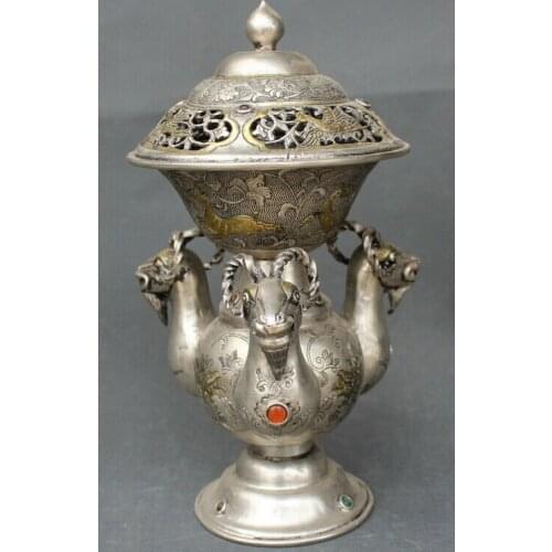 USPS to USA S2375 10" Chinese Folk Silver Gilt Three Sheep Head Bird Beast Incense Burner Censer