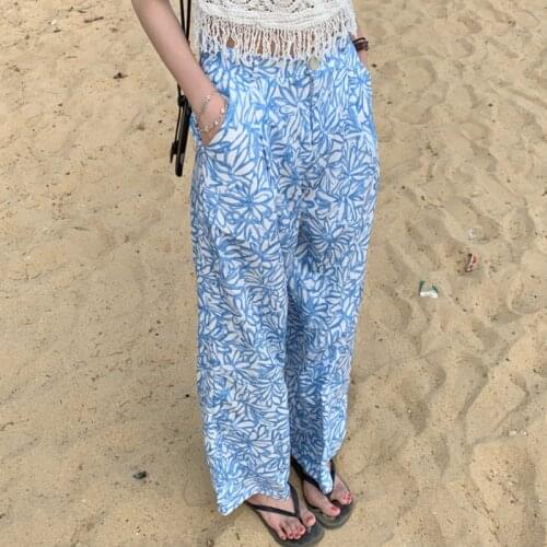 Summer Casual Straight Wide Leg Long Pants 2021 New Women Blue Floral Print High Waist Basics Trousers Button Up
