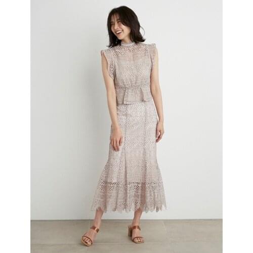 2021 summer sweet hollow out lace small fly sleeve top + fishtail buttock skirt