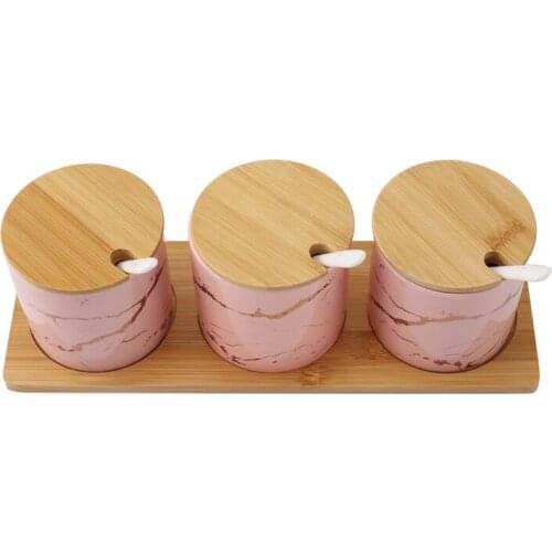 MLGB Simple Peach Pink Ceramic Seasoning Can Set Household Restaurant Seasoning Box with Cover and Spoon Gift Set