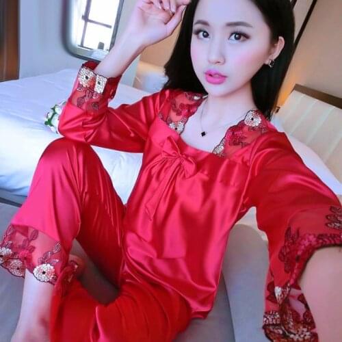 New 2021 Women Sleepwear Satin Ice Silk Pajamas Sets Long Sleeve Autumn Sleepwear Faux Silk Pajamas Suit Female Homewear