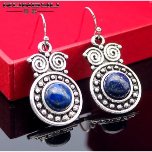 New style plated Vintage Thai silver color creative Owl Earrings European and American fashion inlaid natural Lapis Earrings