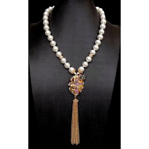 YYGEM Pink Quartz Druzy Blue Larimar Pendant Cz Pave White Sea Shell Pearl Necklace