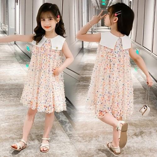 2021 Summer Kids Girls Dress Sleeveless Princess Korean Teenage Color Dot Print School Party Sundress for Girls 4 5 7 9 11 13Yrs