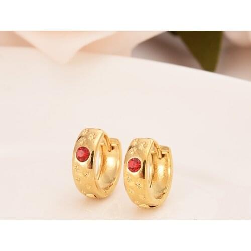 18 k Solid Fine G/F Gold Huggies hoop earrings Jewelry Luxury Lovely Kid Little Girls Security Safety red CZ Princess