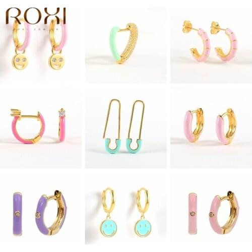 ROXI Enamel Hoop Earrings for Women Neon Round Heart Smiley Pin Jewelry Earrings 925 Sterling Silver Huggie Earrings Colorful