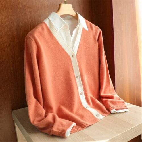 Pearl Buckle V-Neck Wool Knit Cardigan Womens Spring Autumn 2021 Large Size Loose Color Matching Foreign Style All-Match Coat
