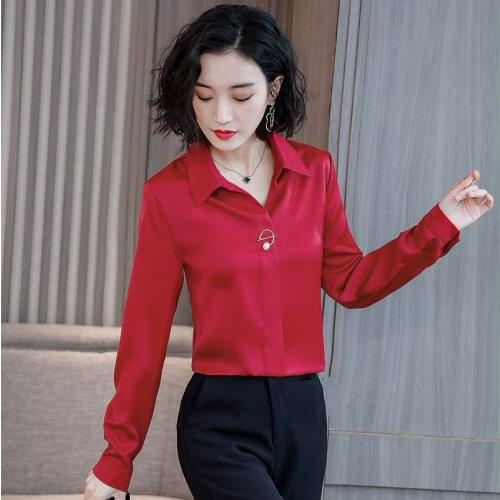 Women Spring Autumn Style Faux Silk Office Work Wear Blouses Shirts Lady Casual Long Sleeve Turn-down Collar Blusas Tops DD8175
