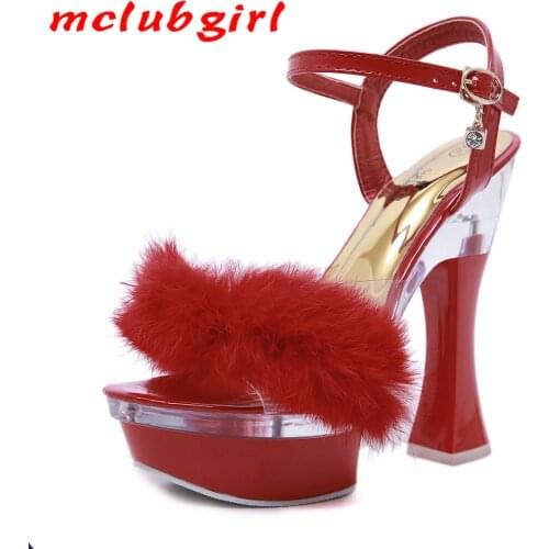 Mclubgirl 14CM Rabbit Fur Chunky-Heel Wedge Sandals Slippers Womens Summer Platform Non-Slip Platform Sexy Shoes LFD