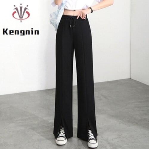 2021 Summer Plus Size 4XL Women Trousers Casual Wide Leg Pants Fashion Split Fork Black Ladies Carpis Drawstring Pants KN217