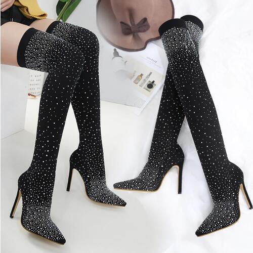 NIUFUNI Lady Over The Knee Boots Rhinestone Crystal Bling Thight Boots High Heel Shoes Women Sock Comfort Elastic Party Shoes