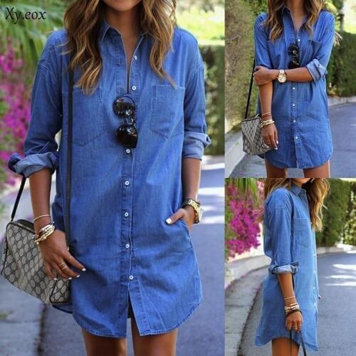 Womens Blue Jeans Denim Pocket Long Sleeve Loose Casual Party Short Mini Dress