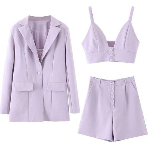 Design Purple Casual Suit Blazer With Deep V Camisole Tops + High Waist Shorts Three Piece Set Women Chic Office Workwear zh1498