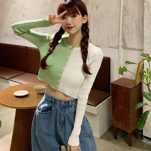 Autumn Womens Button Knitted Cardigan Round-Neck Color Contrast Slim Casual Expose Navel Long Sleeve Tops Blouse