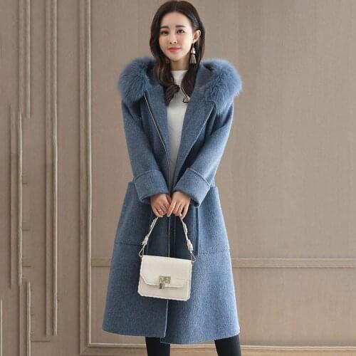 Women Long Woolen Coat Long Sleeve Loose Overcoat Fur collar Hooded Outerwear Female Autumn Trench Coats Plus size Ladies Coats
