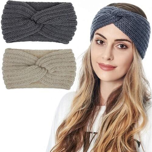 Winter Knitted Headband Womens Ear Warmer Twist Bow 2pc Hat Cap Warm Crochet Hair Band Soft Stretchy all-match Gray beige