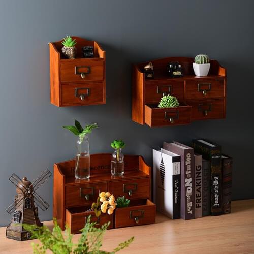 Retro wood desktop storage box creative home storage box two drawer racks cabinet for Cosmetics Eco-Friendly Makeup Organizer