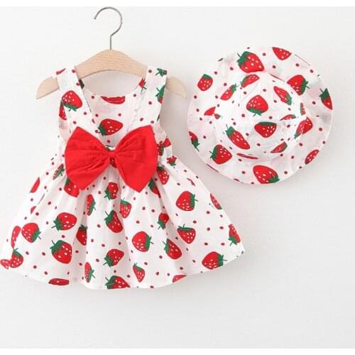 Childrens Strawberry Dress 2021 New Spring Summer Dress and Hats Big Print Girls Princess Dress