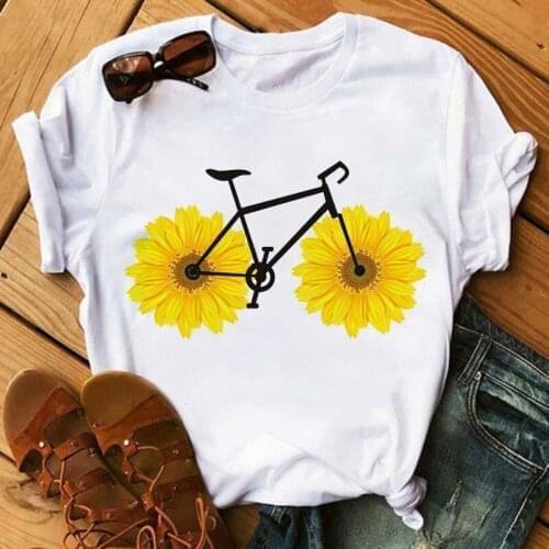 New Funny Bicycle with Sunflower Women Tshirt Summer Harajuku Short Sleeve White T Shirts Cartoon Casual Woman Tops Tees