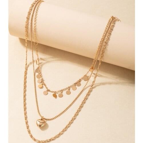 HuaTang Multilayered Little Heart Pendant Necklace for Women Boho Gold Color Sequins Tassel Clavicle Chain Trendy Jewelry Gift