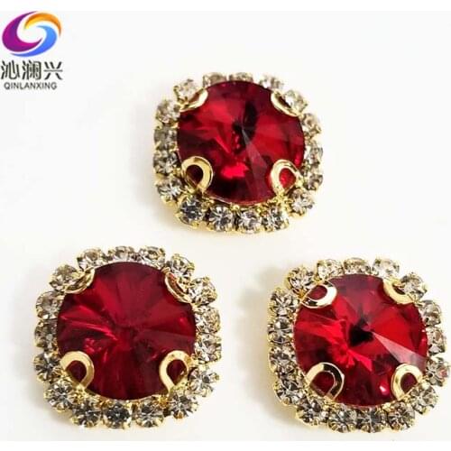 Red Round shape top glass crystal rhinestones with hole,golden bottom sew on stone for Diy Clothing accessories SWWKG07