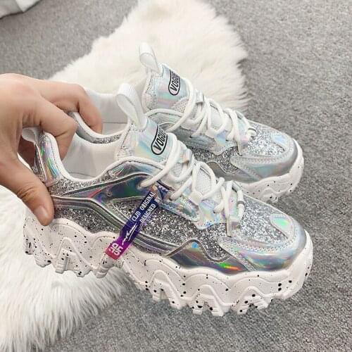 Spring Womens Chunky Sneakers Fashion Women Platform Shoes Bling Sequined Lace-Up Vulcanize Shoes Female Trainers Dad Shoes