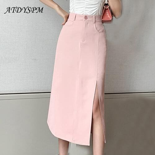 Fashion High Waist Black Midi Skirts Women Elegant Summer Office Lady A-Line Skirt Female Streetwear Casual Split Skirts Faldas