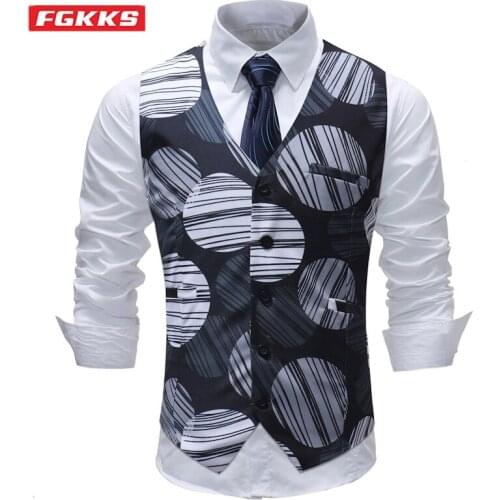 FGKKS 2021 New Suit Vest Men Fashion Twill Print Single-Breasted V-Neck Waistcoat Slim Fit Trendy Business Casual Suit Vest Male