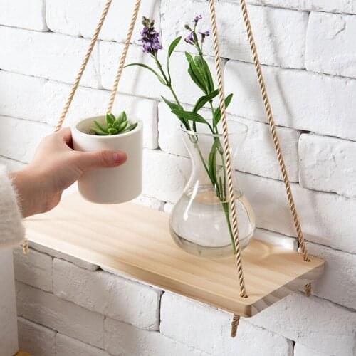 Wall Decoration Shelves Wooden Rope Swing Wall Hanging Shelf Plant Flower Pot Floating Shelf Home Room Decor with 4 hooks