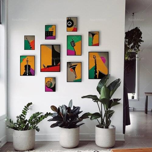 Musical instrument poster, little musicians playing on powerful instruments. Modern jazz wall art. MCM print, gallery art deco c