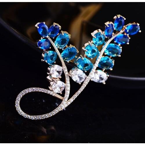 Luxury Blue Cubic Zirconia Leaves Brooches for Women Elegant Suit Dress Wheat Brooch Pin Fashion Winter Jewelry Accessories Gift