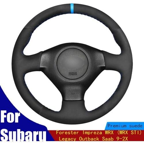 Steering Wheel Cover Black Suede Light Blue Marker Hand Sew For Subaru Forester Impreza WRX (WRX STI) Legacy Outback Saab 9-2X