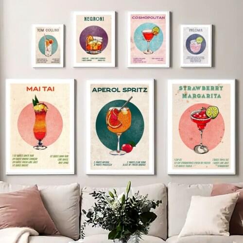 Vintage Wine Glass Lemon Cocktail Negroni Nordic Posters And Prints Wall Art Canvas Painting Wall Pictures For Living Room Decor