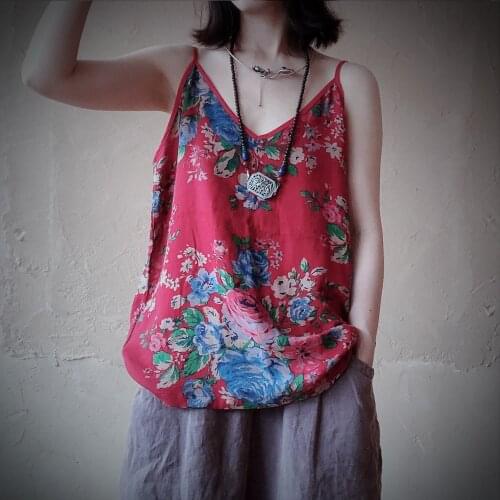 Johnature 2021 New Summer Clothes Vintage Print Flower V-Neck Retro Camis Comfortable Tops 2 Colors Women Slings