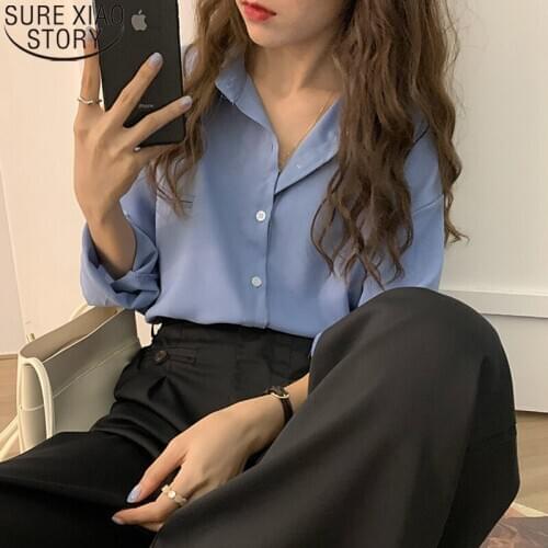 Blusas Mujer De Moda 2021 Vintage Long Sleeve Blouse Women Fall Temperament Solid Loose Office Lady Chiffon Shirts Tops 12347